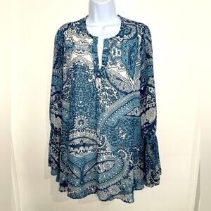 Show Me Your Mumu Medium Blue White Paisley Floral Long Sleeve Will Tunic Top SM